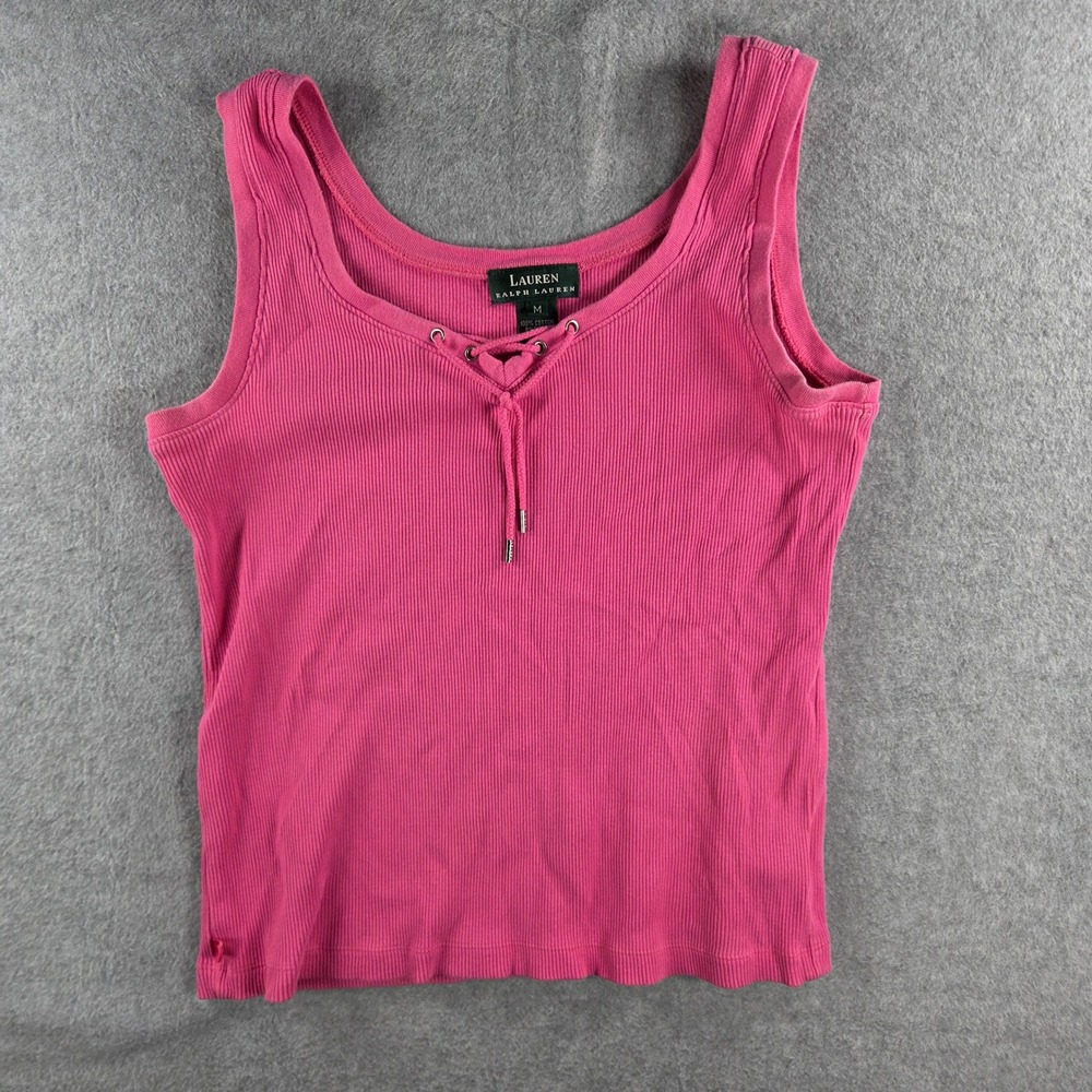 Lauren Ralph Lauren Tank Top Women Medium Pink Ribbed Lace Up Cotton Sleeveless